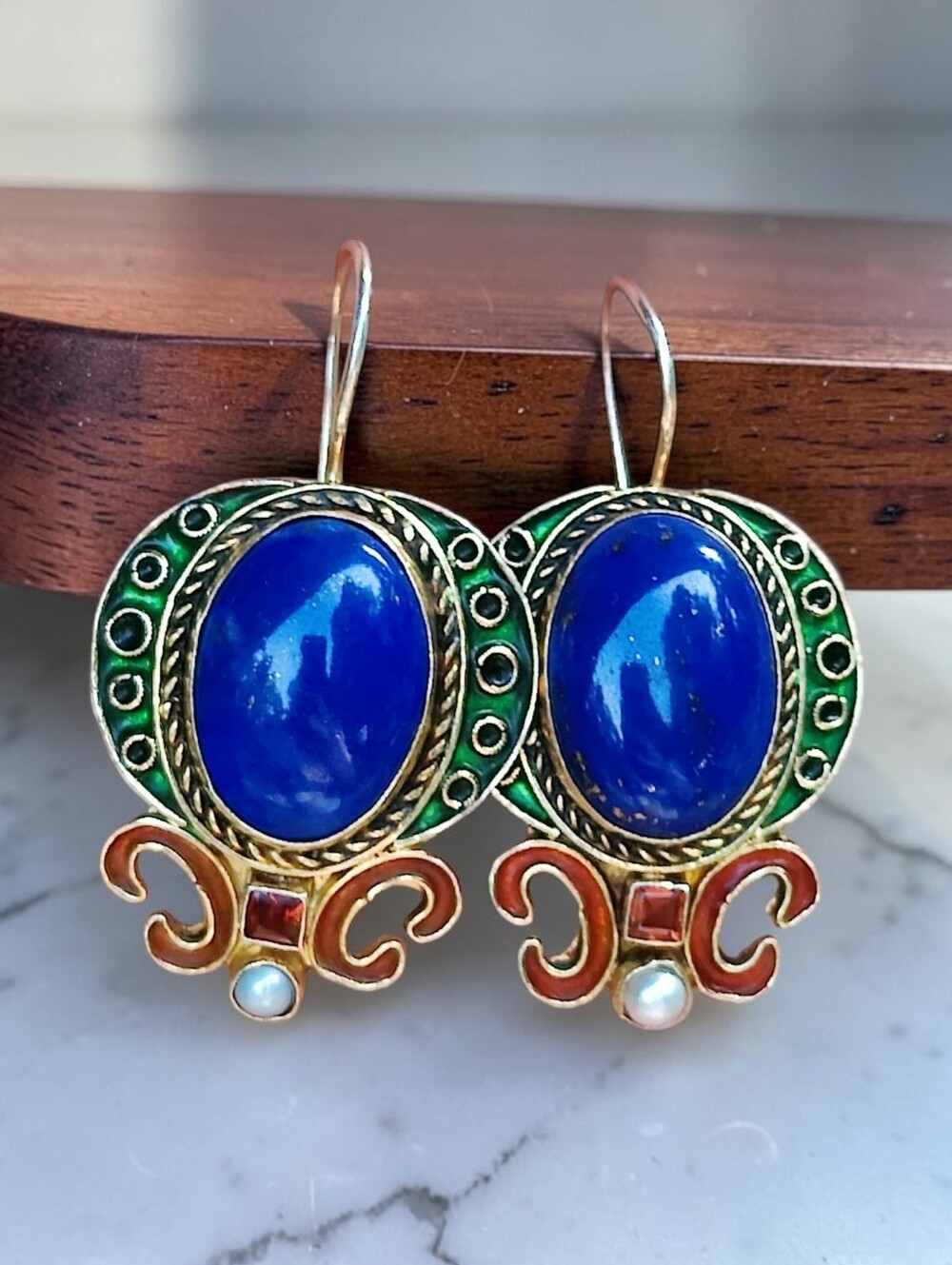 Vintage Sterling Medina Lapis Lazuli Enamel Earrings
